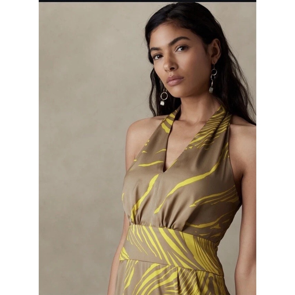 Banana Republic Halter Maxi Dress Yellow‎ Palm Print Petite 16 - Picture 2 of 10